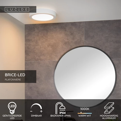Lucide BRICE-LED - Plafonnière Badkamer - Ø 24 cm - LED Dimb. - 1x15W 3000K - IP44 - Wit - USP
